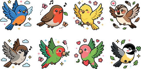 Cute Spring Birds Vector Sticker Set Featuring Bluebird Robin Sparrow Canary and Lovebird Characters for Nature Patterns and Kids Graphic Designs © MDmasum