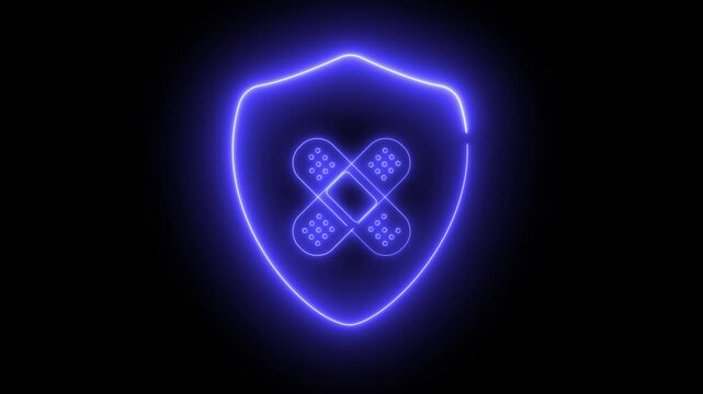 Glowing blue shield with bandage symbol pulses against black