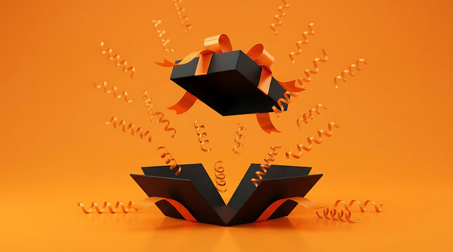 Halloween Black Gift Box With Orange Ribbon And Confetti On Orange Background