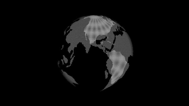 Abstract rotating digital Earth globe animation made of glowing dots on a black background. Futuristic world map visualization representing global communication, internet