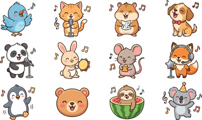 Fototapeta premium Cute musical animal cartoon vector collection featuring singing bird cat dog panda fox rabbit and playful character illustrations