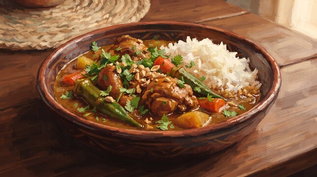 Gouache Editorial Art Malian Tiguadege Chicken Groundnut Stew Dark Terracotta Bowl