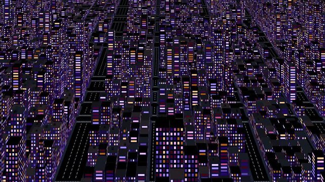 Vibrant isometric digital city glowing and rotating at night, countless windows illuminating a modern, futuristic urban sprawl, loopable animation