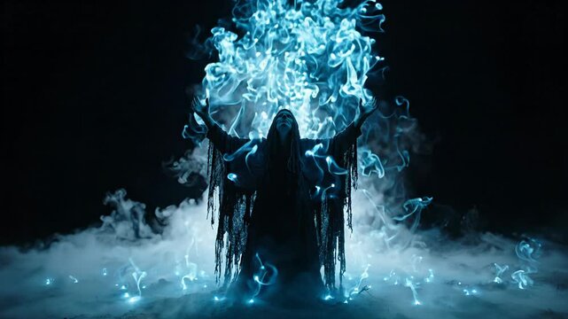 Dark Magic Figure Conjuring Blue Mystical Energy and Smoke Ethereal Fantasy Power Mystery Unveiled