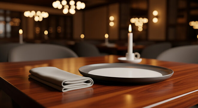 Elegant restaurant table setting with candle, plate, and folded napkin, warm ambiance