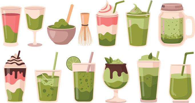Matcha green tea beverage collection featuring iced lattes smoothies milkshakes traditional whisk and healthy summer drinks