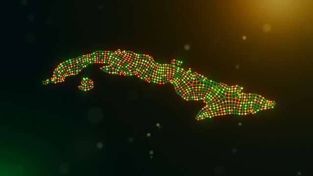 Abstract Cuba map formed by wavy interconnected nodes and lines over a glowing green yellow orange bokeh background, symbolizing digital infrastructure and intelligent connectivity.