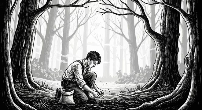 Lone man kneeling in misty forest clearing.