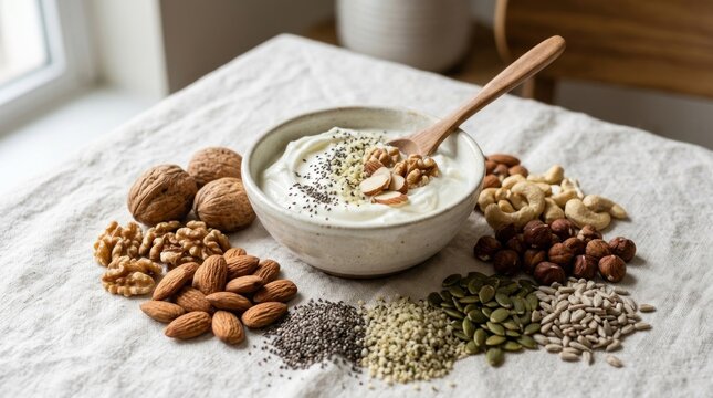 A wooden spoon rests on a textured linen cloth, holding a bowl of thick yogurt topped with sliced almonds, walnuts, pumpkin seeds, sunflower seeds, chia seeds, and flax seeds.