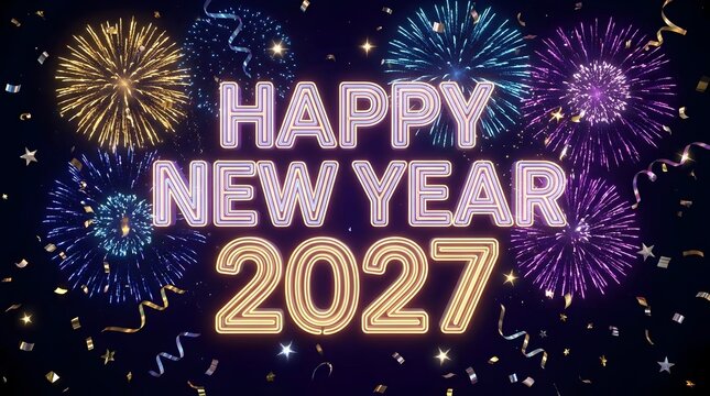 Happy New Year 2027 Celebration Background with Neon Glowing Text and Fireworks