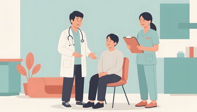 医師と看護師が診察室で座る患者に説明するイラスト