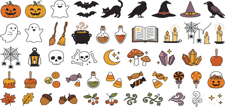 Cute Halloween icon bundle featuring spooky ghosts pumpkins witches hats candy and magical vector elements.