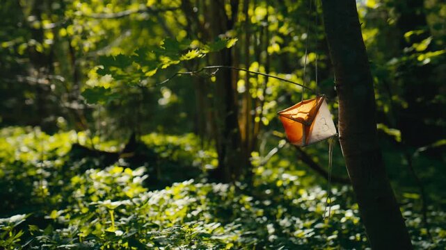 An old orienteering control hangs from a tree in dense overgrown woodland, where warm sunlight, deep green shadows, and quiet stillness create a lonely and slightly forgotten forest atmosphere.