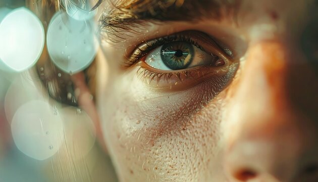 Close-up of a man's eye with bokeh lights.