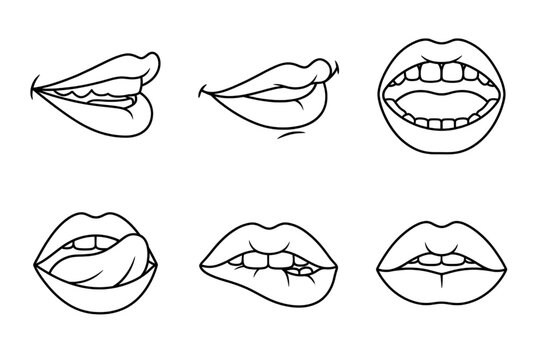 Mouth and Lips Expressions Line Art Vector Icon Set