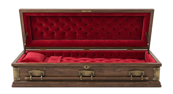 Open wooden coffin with red velvet lining
