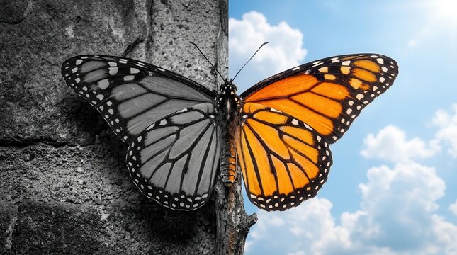 A butterfly split between monochrome gray and vibrant orange symbolizing bipolar disorder.