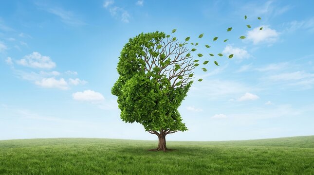 A green tree in the shape of a human profile with leaves blowing away to symbolize memory loss.