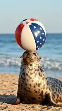 Baby Seal Balances Patriotic Beach Ball on Nose at Seaside - A seal with a spotted coat balances a patriotic beach ball on its nose while sitting on a sandy beach.