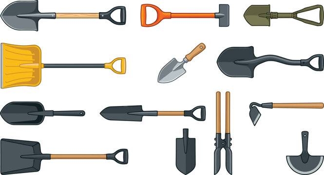 Garden shovel and hand tool collection featuring spades trowels hoes snow shovel and digging equipment vector illustration set