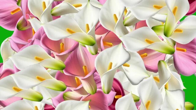 Expanding fresh calla lily flowers motion graphics with green screen background