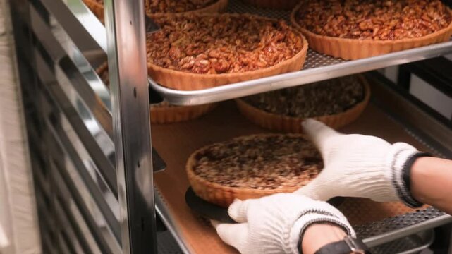 close-up shot of a professional baker&rsquo;s gloved hands holding a golden-brown nut tart fresh from the oven. The dessert features a crimped shortcrust pastry shell filled with a dense, honey-glazed walnu