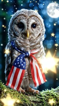 Cute Baby Owl Wearing American Flag Scarf with Falling Stars - A charming baby owl is dressed in a patriotic American flag scarf, perched on a mossy branch under a starry night sky.