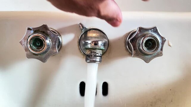 Close-up view of a person's hand turning on and off the hot and cold water knobs of an old, dirty utility sink faucet with running water