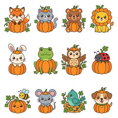 Fototapeta premium Cute animals on pumpkins.