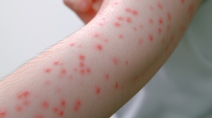 Fototapeta premium Close-up of Human Arm Showing Red Skin Rash Dots