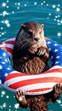 Cute Otter Floats with Patriotic Life Ring and Sparkling Stars - A cute otter is floating in blue water, holding onto a life ring decorated with the American flag.