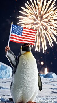 Penguin Waving USA Flag With Fireworks Background - A cute penguin stands on an icy surface, proudly waving a miniature USA flag.