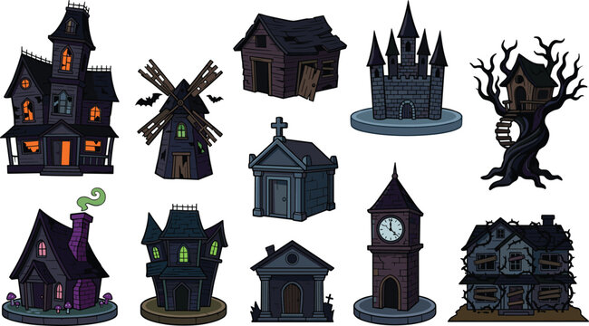 Haunted house collection featuring spooky mansions castle graveyard windmill haunted tree and Halloween horror vector illustration set