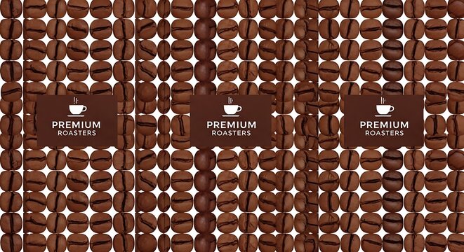 Seamless Pattern of Roasted Coffee Beans with Premium Roasters Logo