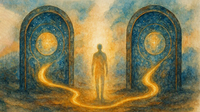 Glowing Figure Standing Between Identical Celestial Gateways Symbolizing Deja Vu Timeline Convergence JPG