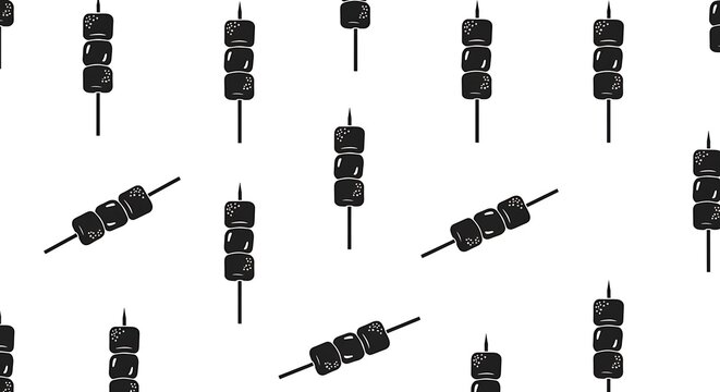 Seamless Pattern of Skewered Grilled Meat Cubes, Hand-Drawn Style