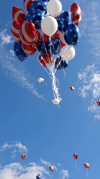 Patriotic Balloons Floating Against Blue Sky - A large bunch of red, white, and blue balloons, many with star patterns, float upwards against a clear blue sky with scattered clouds.
