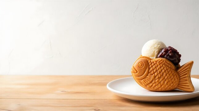 Japanese taiyaki fish shaped pastry filled with vanilla ice cream and red bean paste with copy space
