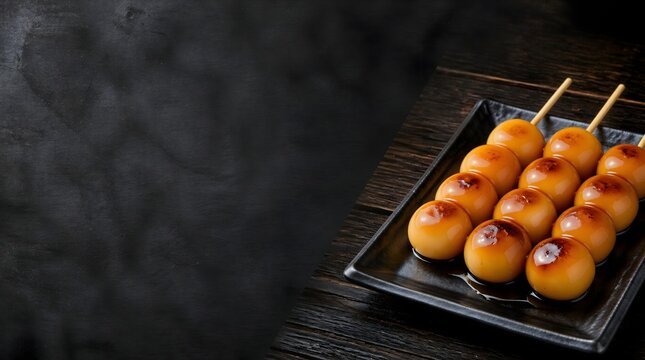Three skewers of traditional Japanese mitarashi dango with glossy sweet soy glaze on black plate with copy space