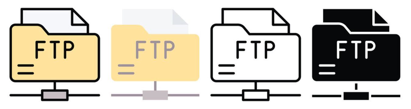 Set of ftp folder icons representing file transfer protocol and network data storage in various line weights