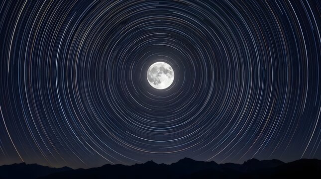 Star trails circling around bright full moon