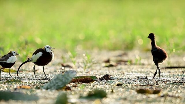 Two Pheasant-tailed Jacanas confront a Grey-headed Swamphen juvenile during a territorial encounter in a freshwater wetland illuminated by soft morning light.