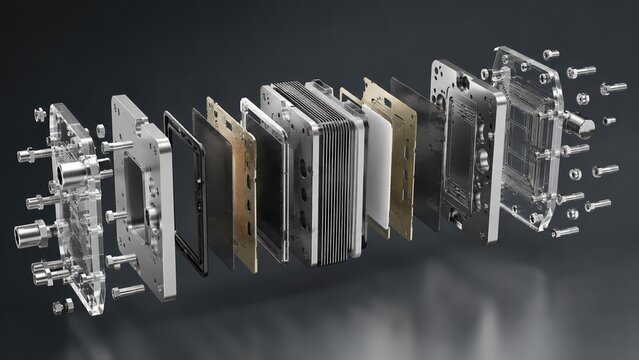 Exploded view of a hydrogen fuel cell stack components for renewable energy