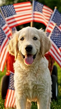 Happy Puppy in Wagon with American Flags - A joyful golden retriever puppy sits in a red wagon decorated with multiple American flags, enjoying a sunny outdoor setting.
