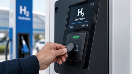 Naklejka premium Man paying for fuel at a hydrogen refueling station with a key fob