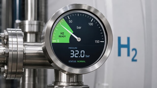 Industrial hydrogen pressure gauge displaying normal H2 status on a meter