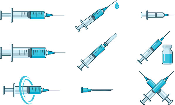 Medical syringe collection featuring injection needles vaccine shots healthcare immunization and clinical equipment vector illustration set