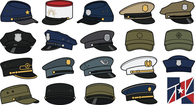 Military and police hat collection featuring uniform caps officer headwear service hats and law enforcement vector illustration set