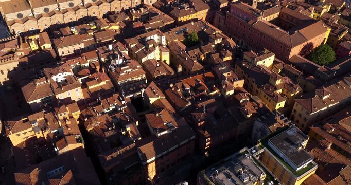 Dense Urban View Of The Historic City Center Of Bologna In Emilia-Romagna, Italy. Aerial Drone Shot