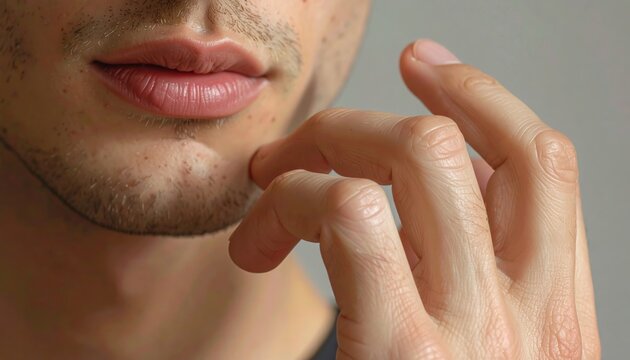 man touching his stubble and beard.